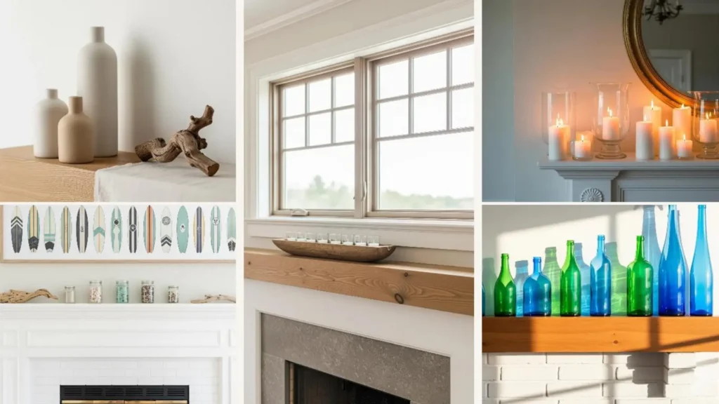 Minimalistische Deko für die Kaminumrandung im Sommer: Vasen, Treibholz und Glasflaschen für natürliche Strand-Vibes.