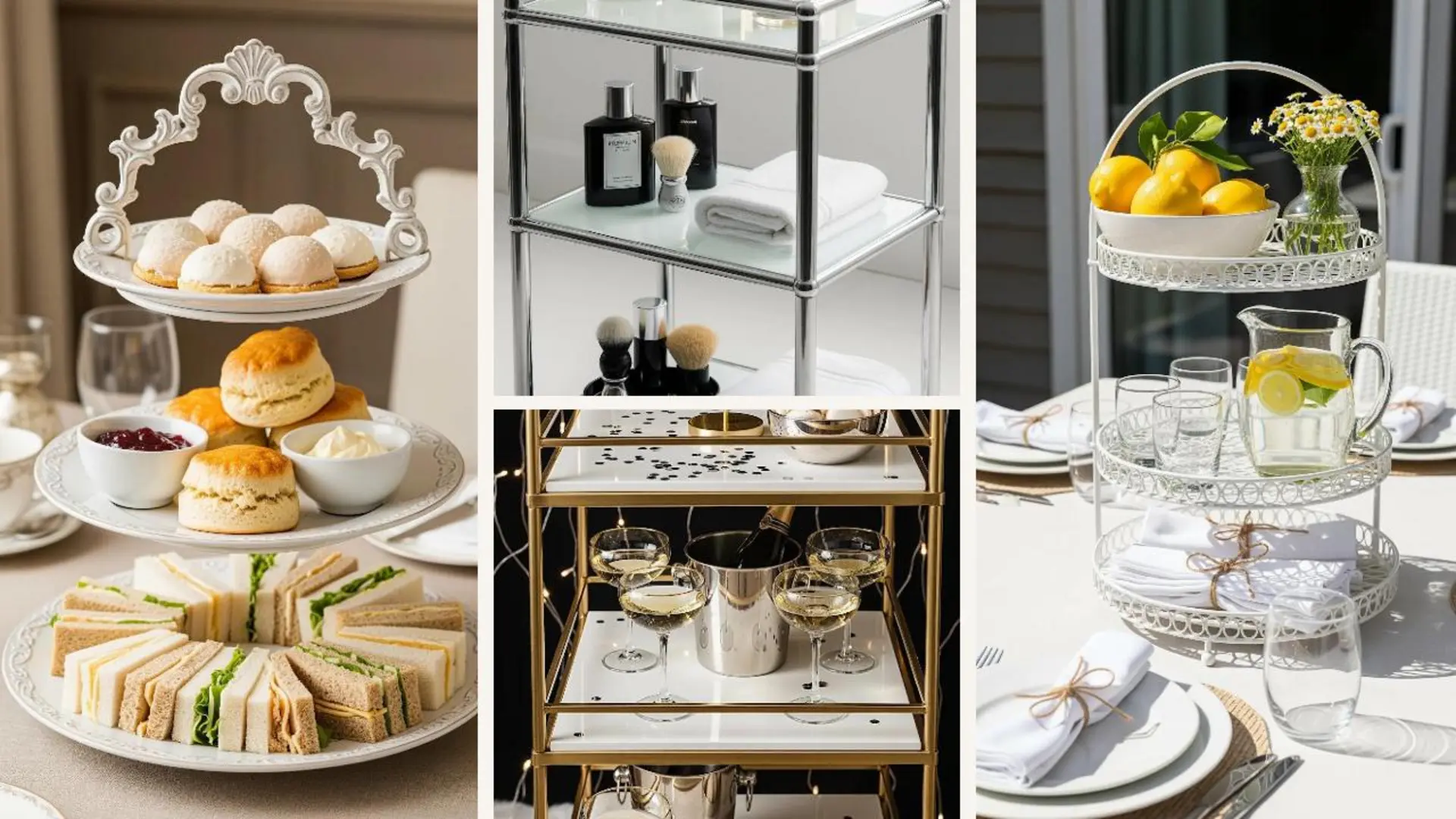 Collage mit modernen Etagere-Ideen in Weiß und Beige, dekoriert für verschiedene Saisons.