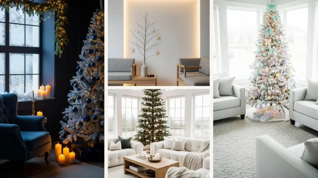 Instagram-würdige, moderne Weihnachtsdeko-Ideen zeigen festlich geschmückte Weihnachtsbäume in stilvollen Wohnzimmern.