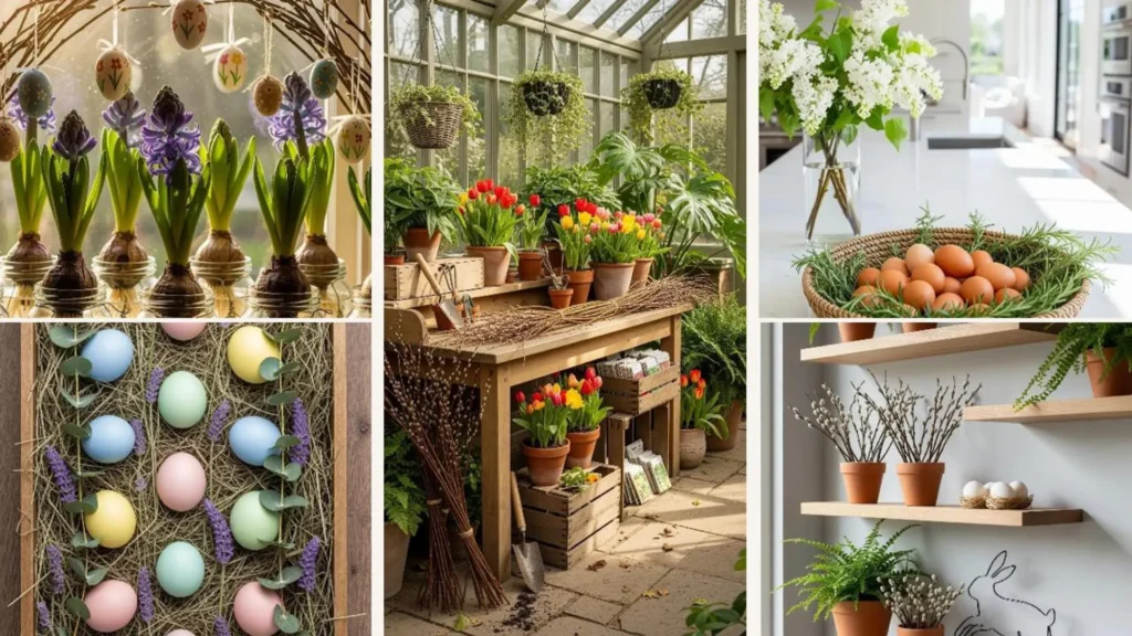 Natürliche Osterdeko mit blühenden Hyazinthen, Weidenkätzchen-Zweigen und bunten Ostereiern in einer frühlingshaften Atmosphäre.