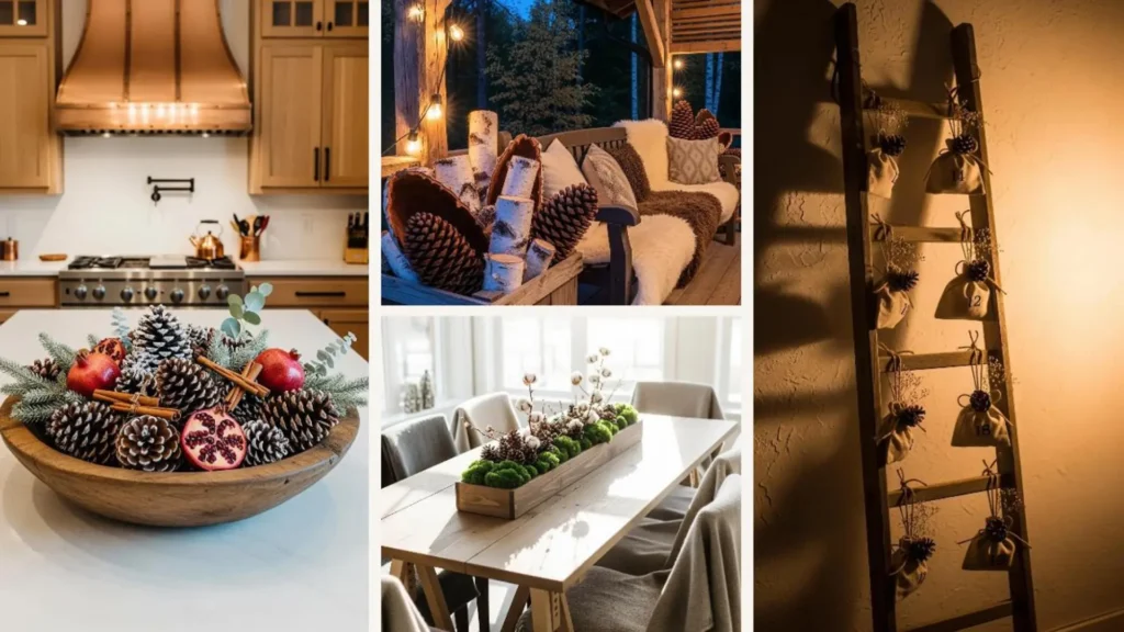 Natürliche Weihnachtsdeko mit Tannenzapfen, Holz und Trockenblumen in verschiedenen Arrangements.