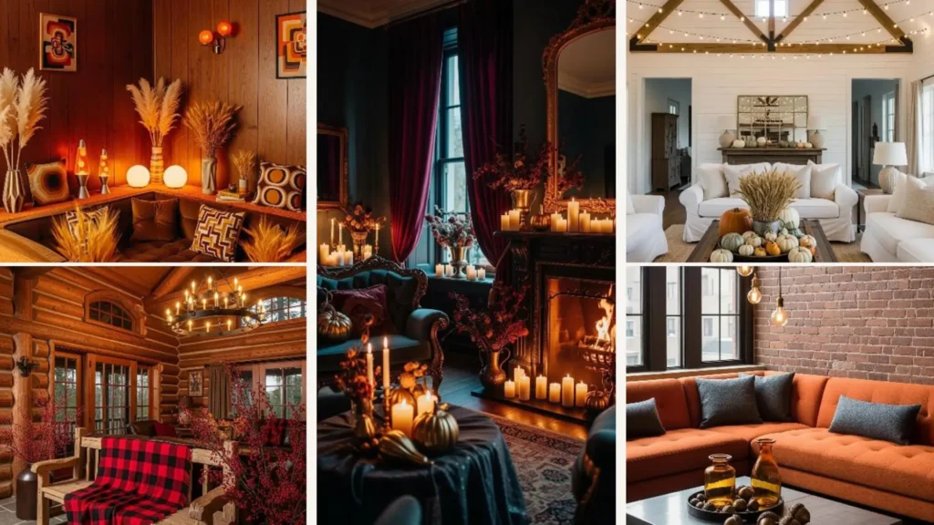 Herbstliches Wohnzimmer mit warmem Kerzenlicht und gemütlichen Texturen für virale Pinterest-Ideen.