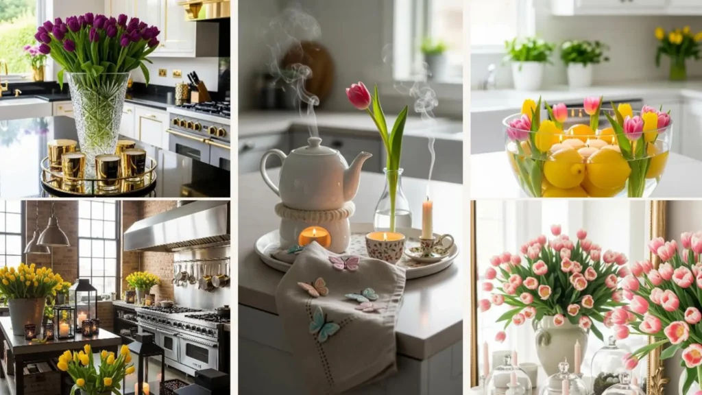 Frühlingsdeko: Tulpen und Kerzen auf einem Tablett mit süßen Schmetterlingsdetails in einer Küche.