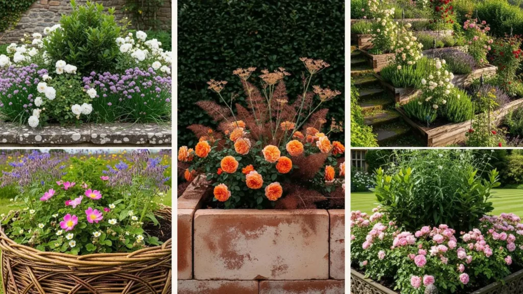Romantische Hochbeete mit englischen Rosen und duftenden Kräutern in einem malerischen Garten.