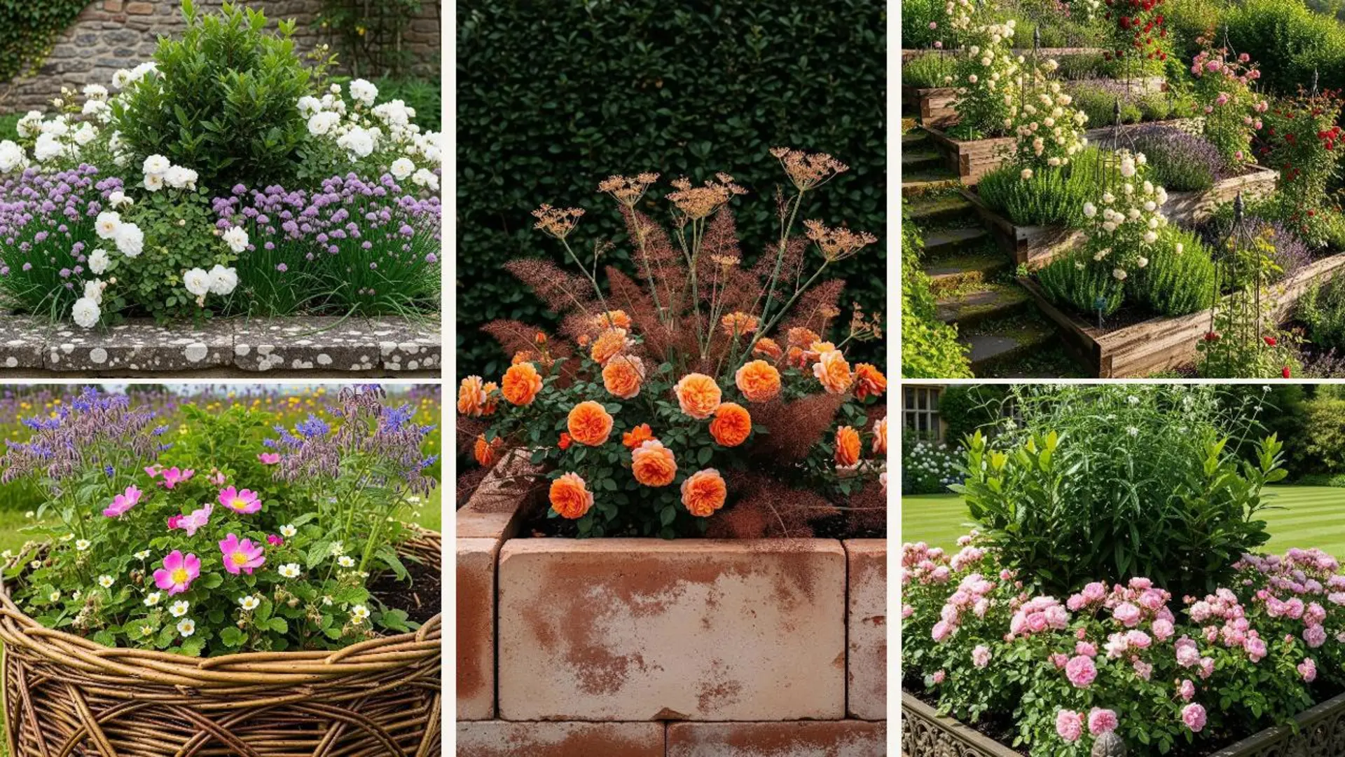 Romantische Hochbeete mit englischen Rosen und duftenden Kräutern in einem malerischen Garten.
