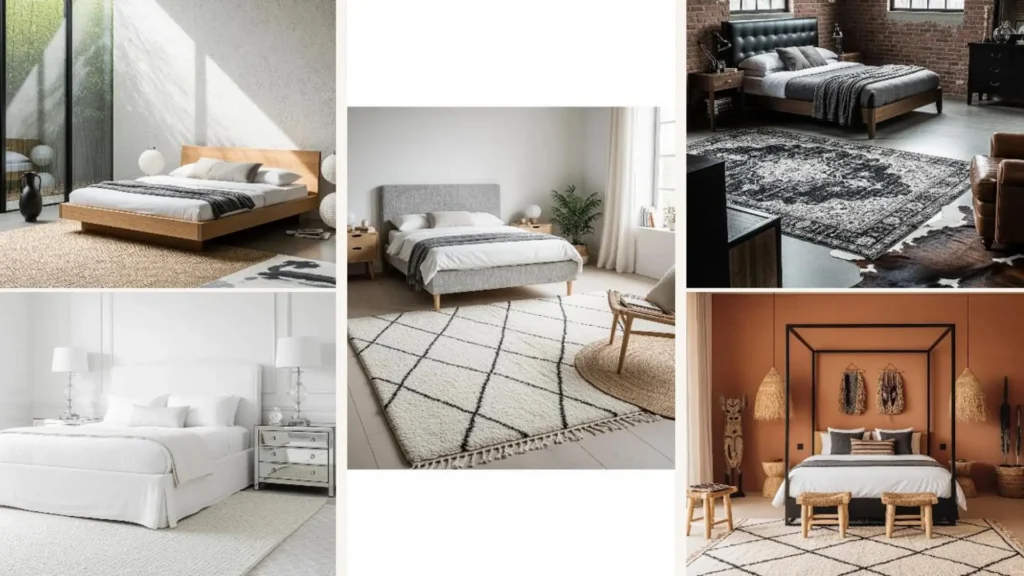 Collage von Schlafzimmern im Luxus-Stil mit mehrlagigen Designer-Teppichen.