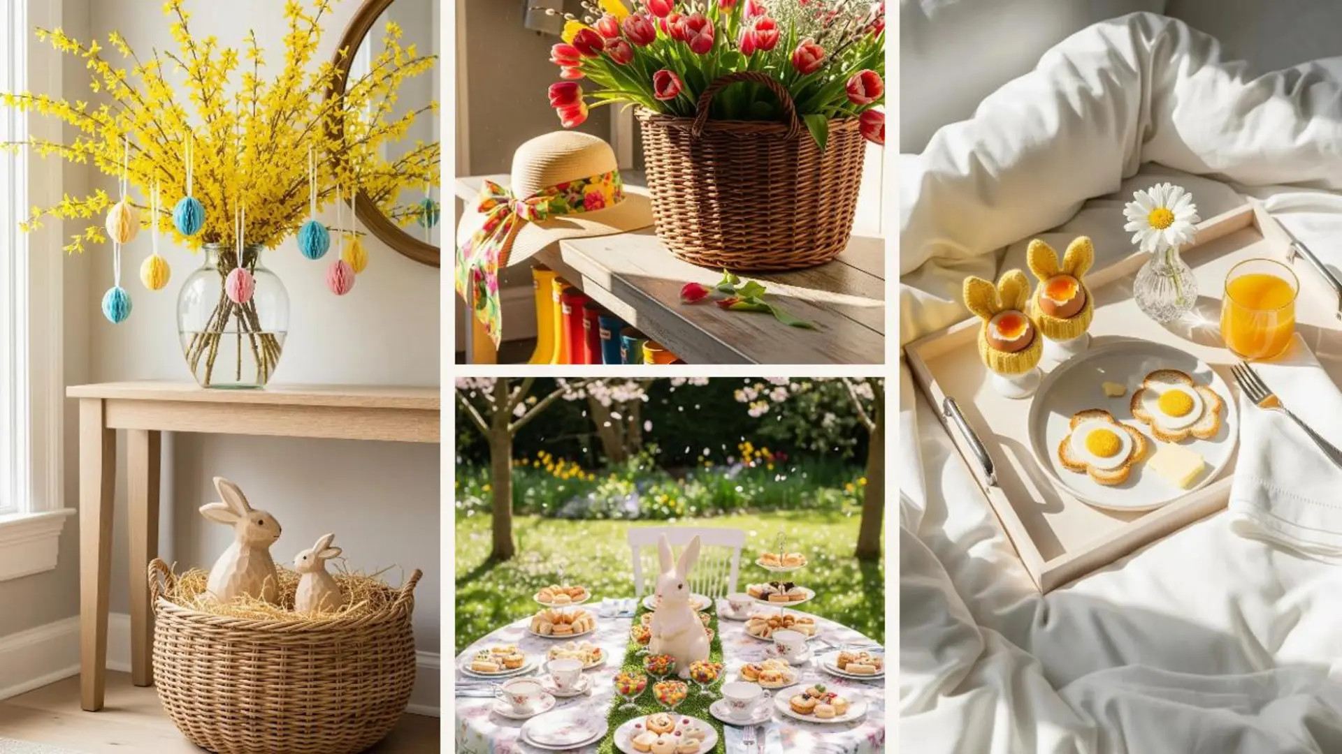 Einladende Osterdekoration mit bunten Eiern, einem festlichen Tisch und einem gemütlichen Osterfrühstück für eine Last-Minute-Feier.