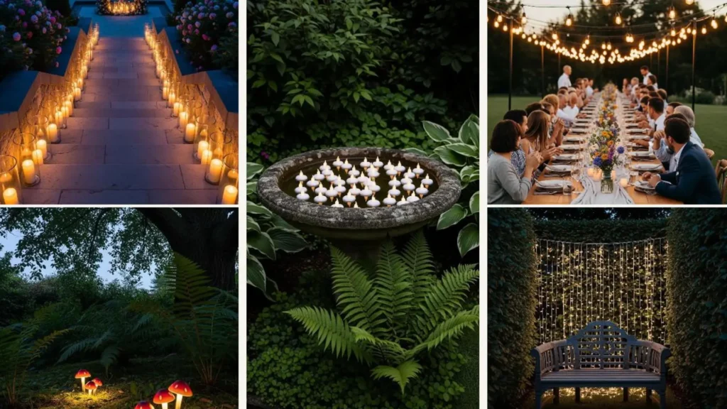 Traumhafte Beleuchtungsideen für laue Sommerabende im englischen Garten mit Kerzen und Lichterketten.