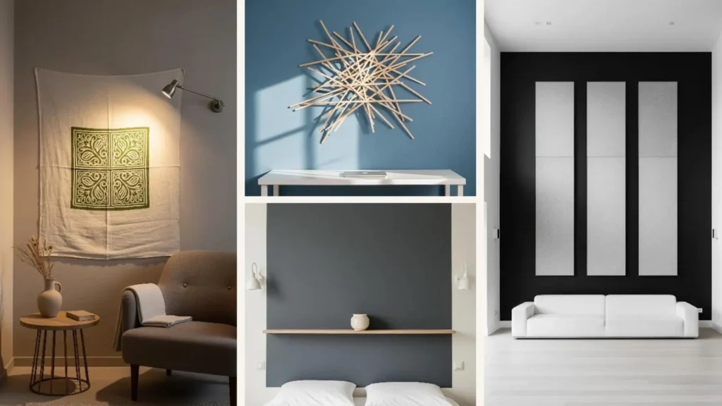 Wanddeko im Minimalismus: Collage aus vier Bildern mit Deko-Ideen in jeweils nur drei Farben.