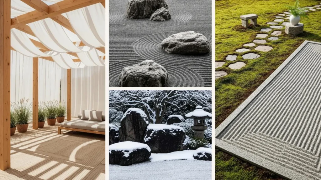 Japandi Dekorationsideen für einen ruhigen Meditationsgarten mit geharkten Sandmustern und Steinen.