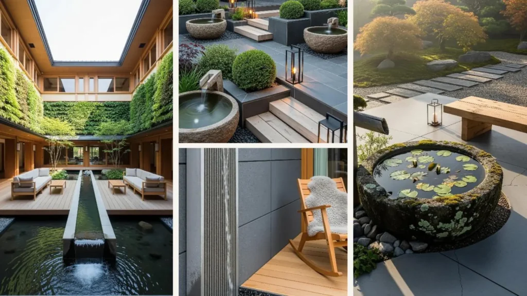 Ästhetische Ideen für einen Japandi-Innenhof mit modernen Wasserelementen und minimalistischem Design.