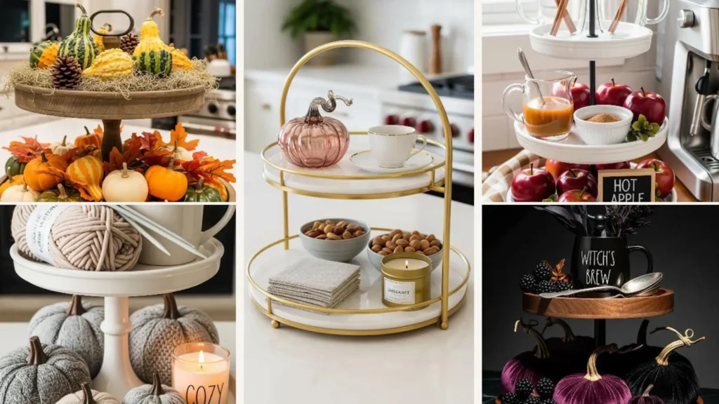 Herbstliche Etagere im Bauernhaus-Stil, dekoriert mit Kürbissen, Kaffee & cozy Deko für die Küche.