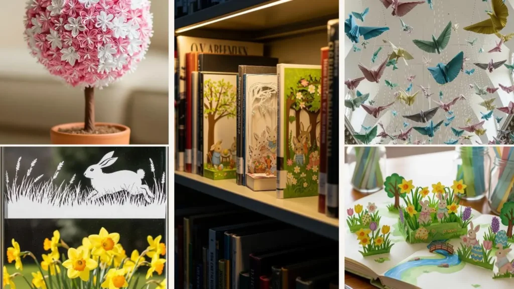 DIY Osterideen aus Papier: Collage mit Hasen, Blumen und Pop-up-Szenen, perfekt für Kinder und Erwachsene.