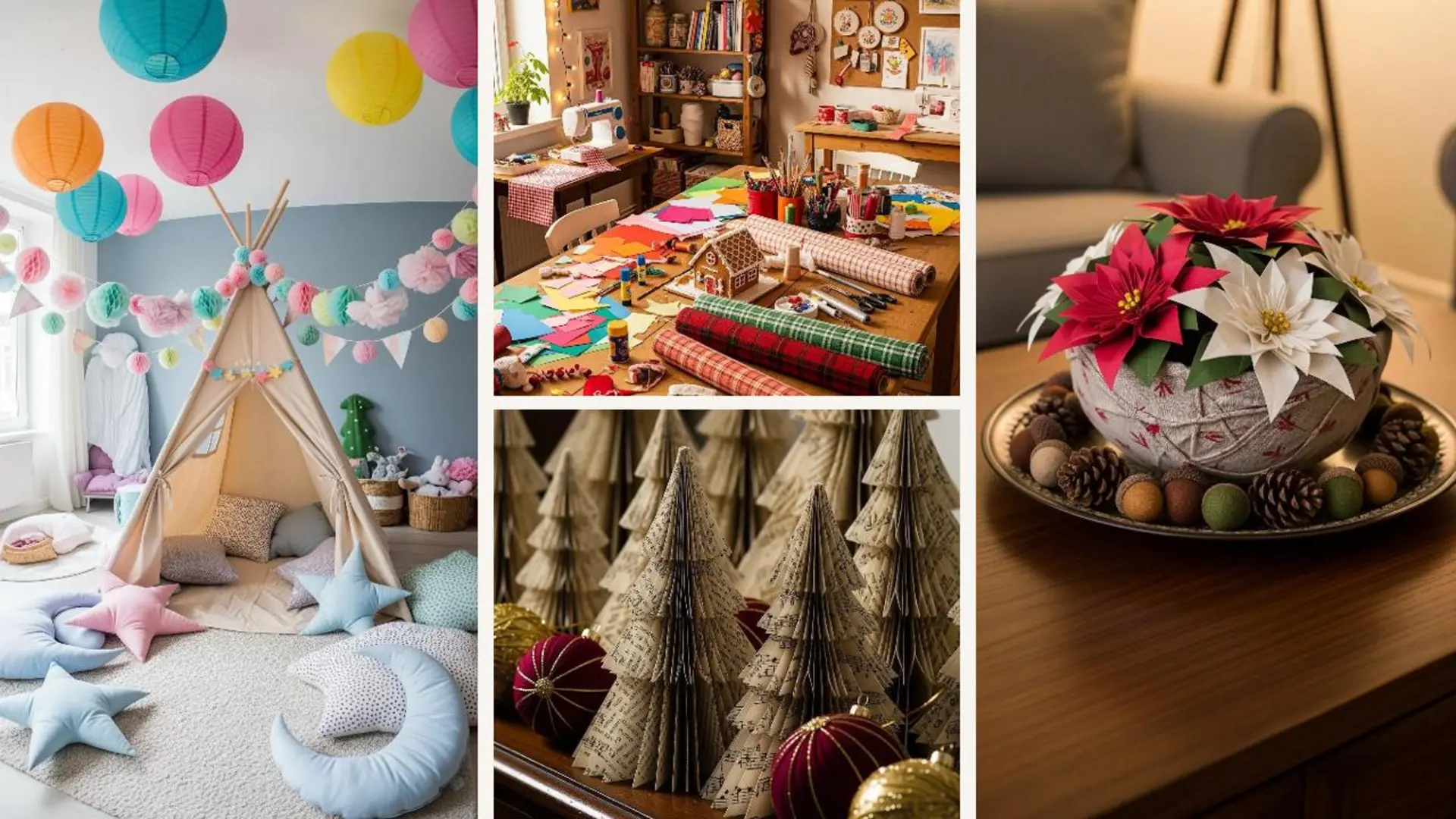 Festliche DIY-Weihnachtsdeko aus Papier und Stoff: ein Basteltisch mit Material, Papierbäume & Poinsettien für Zuhause.