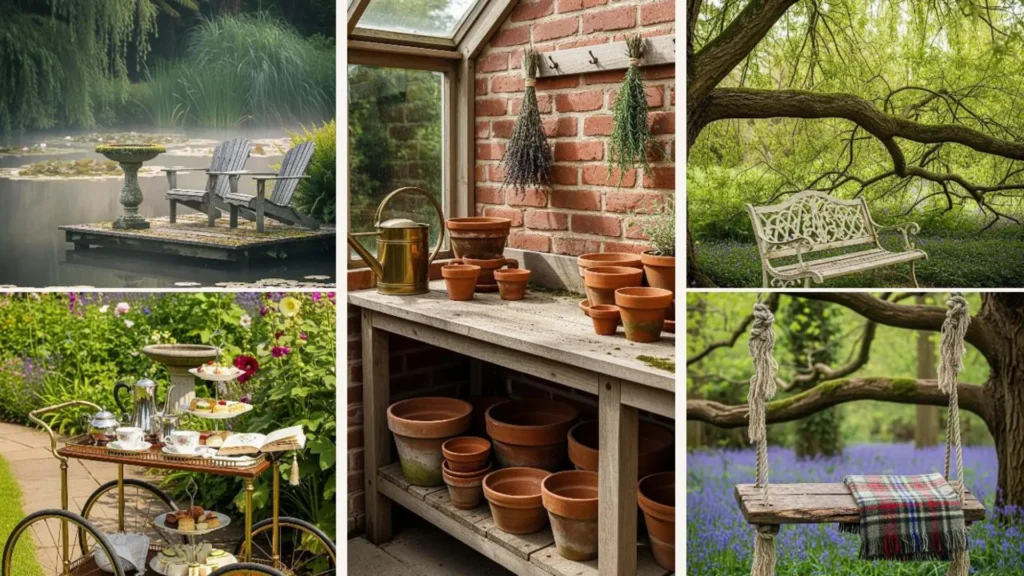 Vintage-Möbel wie eine verschnörkelte Gartenbank und ein Teewagen verleihen diesem englischen Garten charmanten Stil.