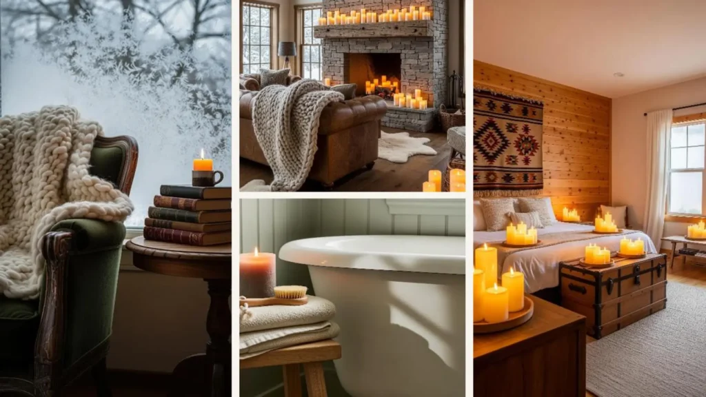 Gemütliche Landhaus-Winterdekorationen mit weichen Wolldecken, warmem Holz und stimmungsvollem Kerzenschein.