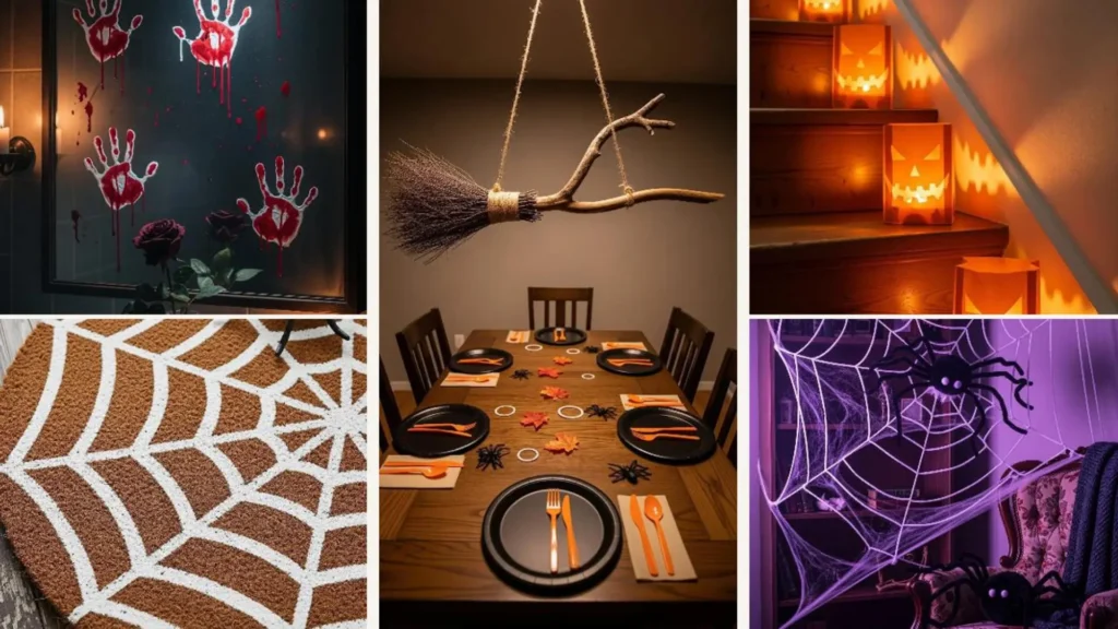 Einige günstige Halloween-Deko-Ideen, darunter Spinnennetze, Kürbislaternen und ein Hexenbesen, perfekt für Budget-Liebhaber.