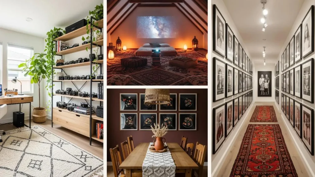 Collage mit kreativen Boho-Dekor-Ideen für Fotografie-Liebhaber: Zimmer mit Kameras und Fotogalerie-Wand.