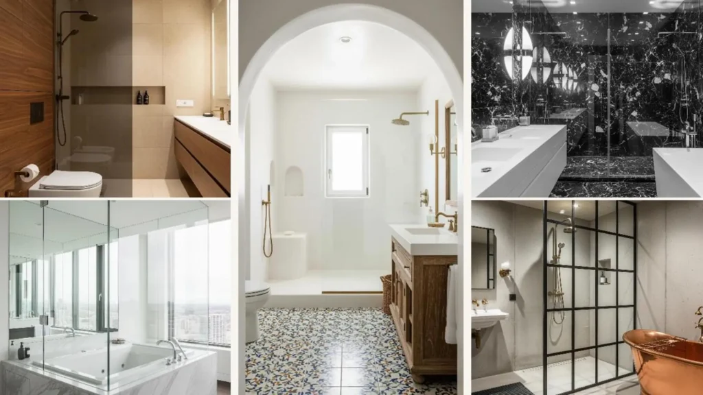 Collage von luxuriösen Badezimmern mit Glasabtrennungen als Inspiration für klare Architektur.