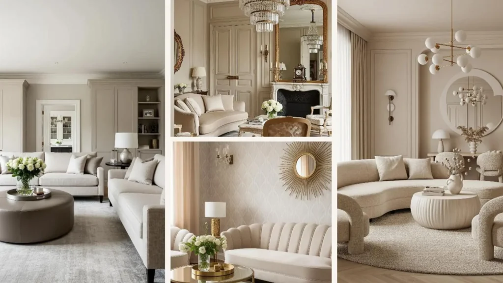 Eine Collage von luxuriösen Wohnzimmern in warmem Beige, die zeitlose Eleganz und Stil ausstrahlen.