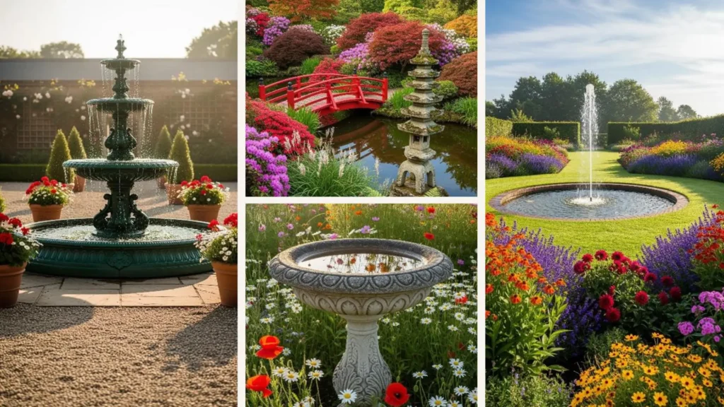 Märchenhafte Brunnen und idyllische Teiche in einem romantischen englischen Garten, voller blühender Pflanzen.
