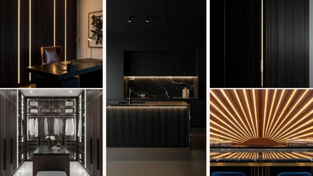 Moderne Wohnräume mit dunklen Holzlamellen und indirektem Lichtschimmer für ein luxuriöses Ambiente.