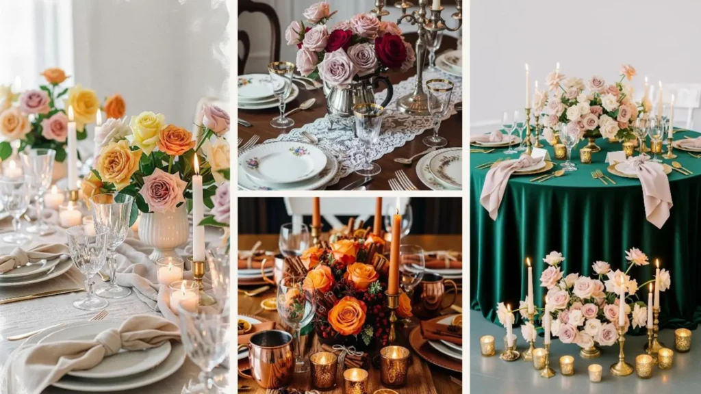 Romantische Herbst-Tischdeko mit Rosen in Herbstfarben und Kerzenmeer, ideal für eine gemütliche Date Night zuhause.