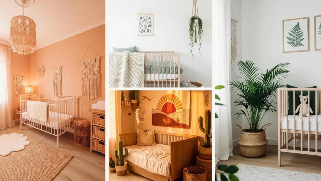 Eine Collage aus vier sanften Boho-Kinderzimmern für eine beruhigende Gute-Nacht-Atmosphäre.