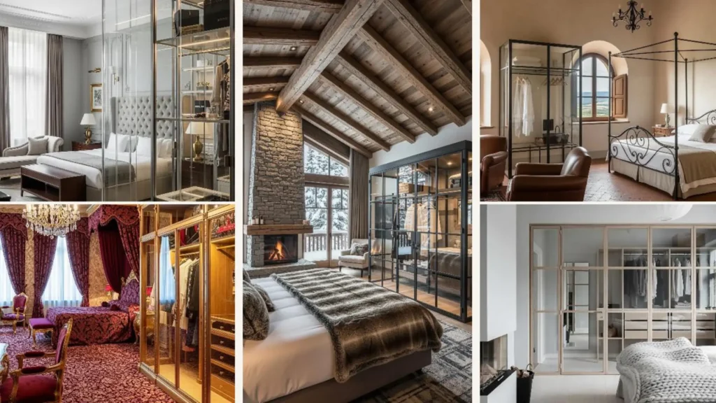 Ein luxuriöses Schlafzimmer mit einer eleganten, begehbaren Glas-Ankleide im Suite-Stil.