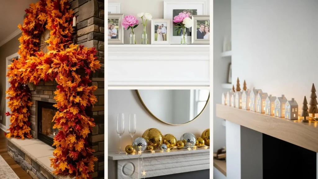 Eine Collage mit schnellen, saisonalen Deko-Ideen für die Kaminumrandung zu jeder Jahreszeit.