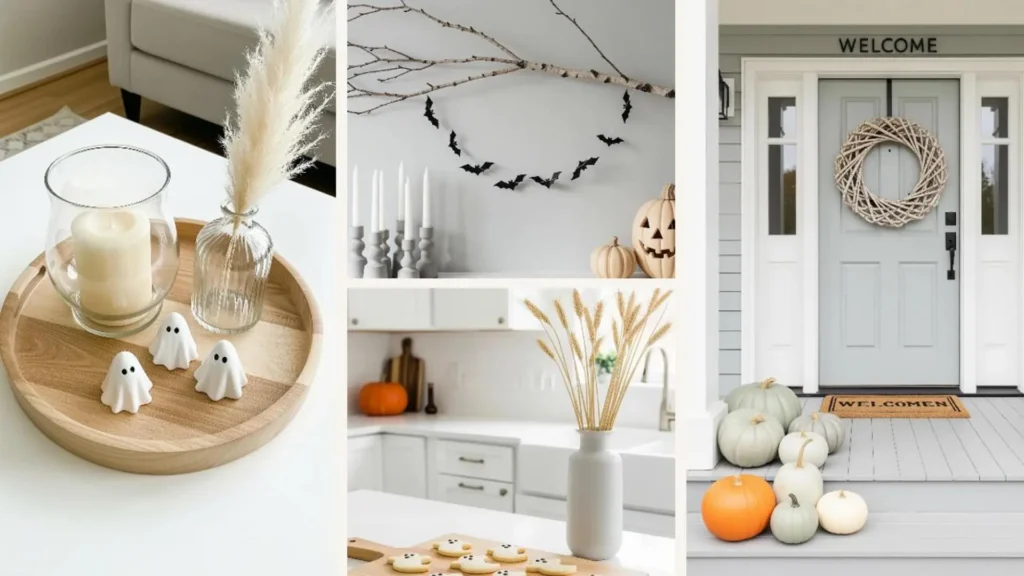 Helle skandinavische Halloween-Deko: Collage mit weißen Kürbissen, Geistern und minimalistischen Akzenten.