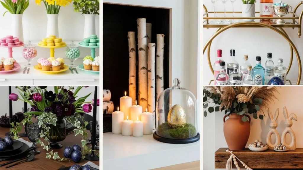 Stylische Osterdeko mit Makronen, verzierten Eiern und Blumenarrangements für einzigartige, influencer-freundliche Fotos.