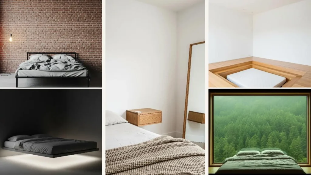 Collage mit 5 technikfreien Schlafzimmern im minimalistischen Stil. Inspiration für Schlafenszeit ohne Kabel-Chaos.