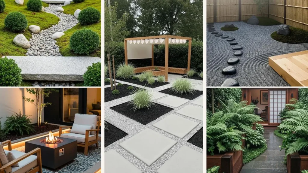 Ideen für eine Japandi-Garten-Umgestaltung. Ein kleiner, ruhiger Hinterhof mit minimalistischer Zen-Atmosphäre.