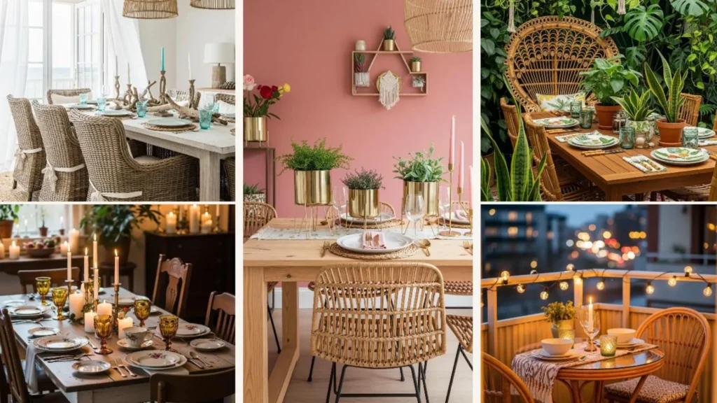 Eine Collage mit Boho-Esszimmer-Ideen für eine gemütliche Dinner-Party mit Freunden.