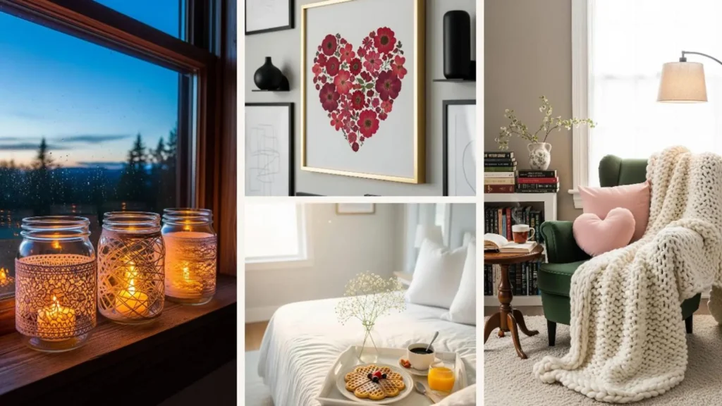 Budgetfreundliche Valentinstag-Dekoideen: Kerzen, Herzbilder & gemütliche Kissen, die edler wirken.