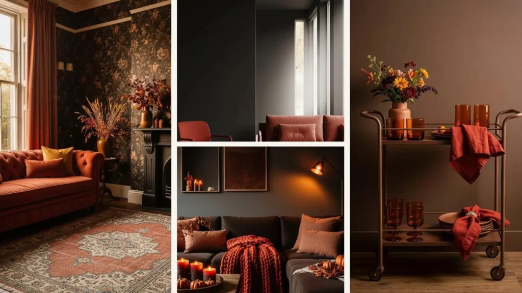Dunkle, gemütliche Herbst-Wohnzimmer-Looks in Terracotta, Mocha und Rostrot mit Sofa, Kamin und Herbstdeko.
