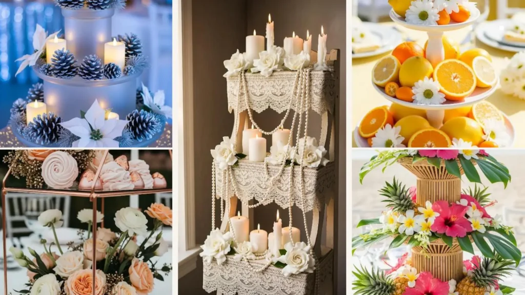 Romantische Tisch-Inspiration zur Hochzeit: Collage mit eleganten Etageren, dekoriert mit Blumen und Früchten.