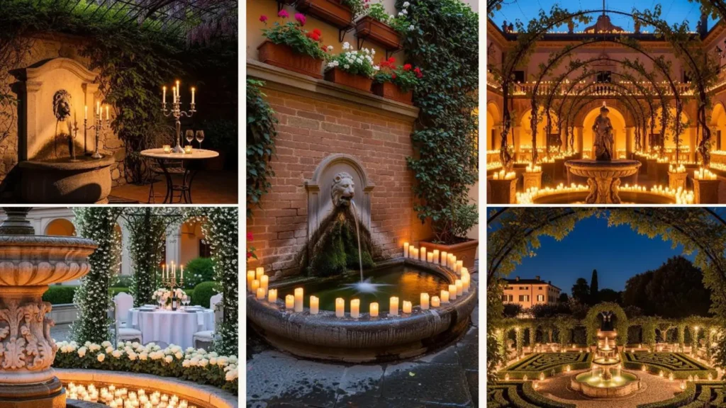 Ein romantischer italienischer Garten bei Nacht mit erleuchteten Brunnen, Weinranken und vielen Kerzen für ein verträumtes Date.