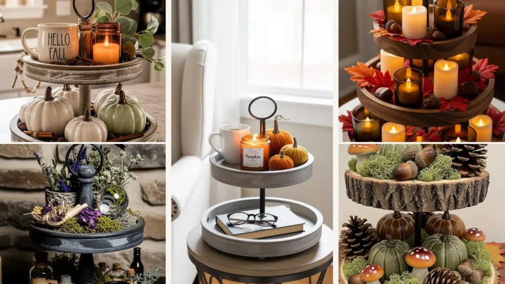 Eine Etagere im Bauernhaus-Stil, gemütlich dekoriert für den Herbst mit Kürbissen, Kerzen und Herbstblättern.