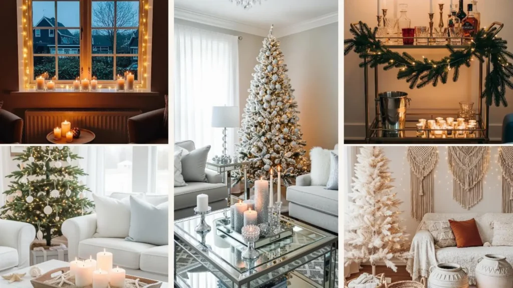 Gemütliches Wohnzimmer weihnachtlich dekoriert mit Lichterketten und Kerzen für warme Festtage.