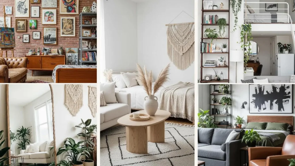 Collage mit stilvollen Ideen für ein helles Boho-Studio-Apartment für Singles.