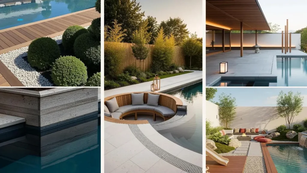 Minimalistischer Japandi-Garten mit Poolbereich, der Stein und Holz harmonisch kombiniert.