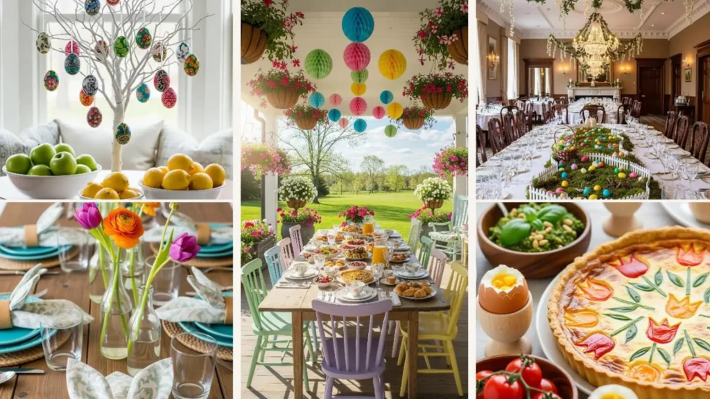 Bunter Osterbrunch mit festlicher Dekoration, gedecktem Tisch und leckeren Speisen für unvergessliche und lustige Osterideen.