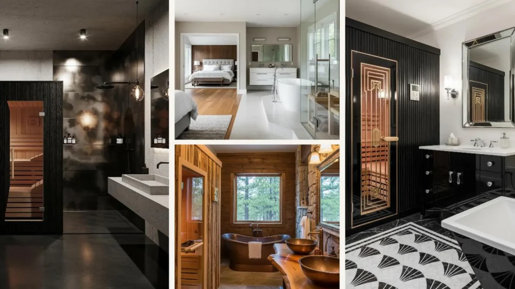 Collage von vier luxuriösen Badezimmern mit privater Sauna als Inspiration für eine Wellness-Atmosphäre zu Hause.