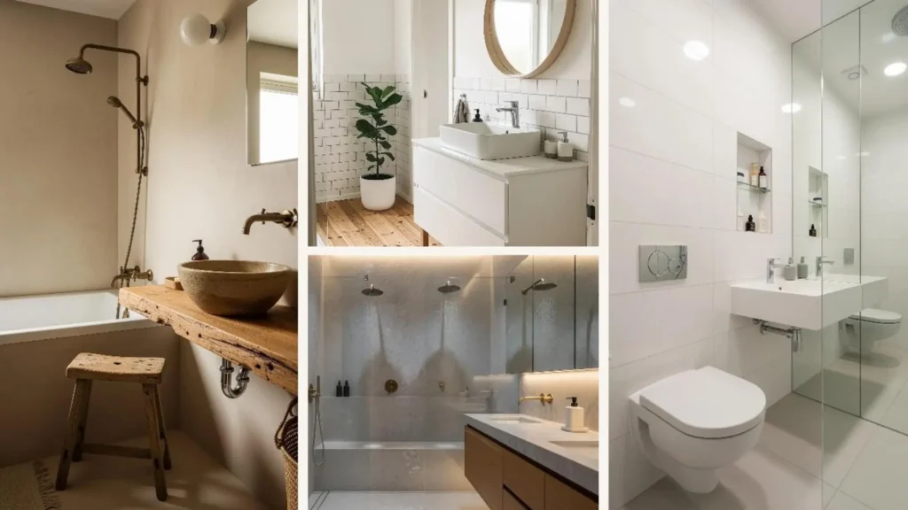 Vier Beispiele für minimalistische Badezimmer, die eine beruhigende Morgenroutine schaffen.