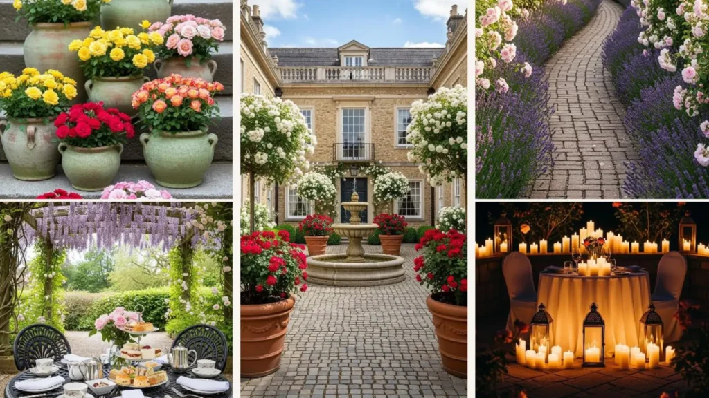 Idyllischer englischer Rosengarten mit Brunnen und Pfad voller Rosen, eine romantische Szene wie aus einem Liebesroman.