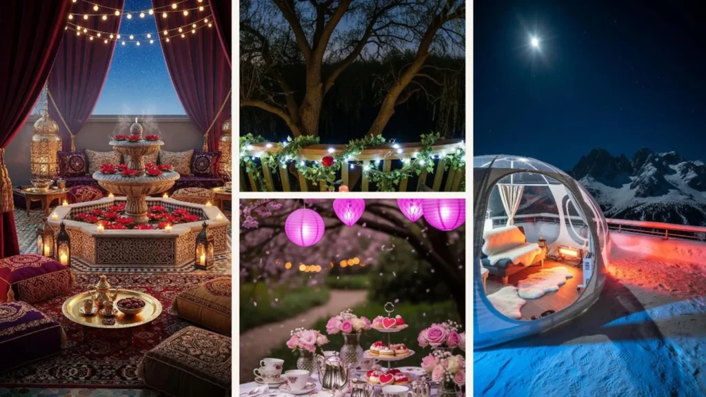 Romantische Terrasse im Garten für ein Valentins-Date unter Sternen mit gemütlicher Beleuchtung.