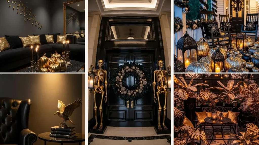 Glamouröse schwarze und goldene Halloween-Dekoration mit glänzenden Kürbissen und goldenen Skeletten für ein schaurig-schönes Zuhause.