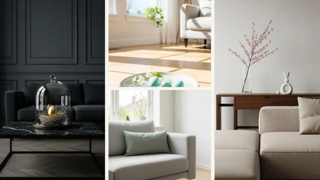 Stilvolle Osterdeko im minimalistischen Wohnzimmer: goldene Eier, Hasen und blühende Zweige.